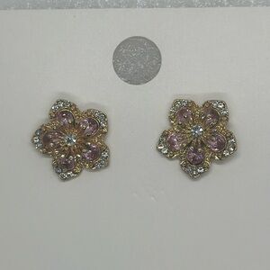 Elegant Flower Stud Earrings - Pink & Clear Gemstones - Gold Tone Finish - New